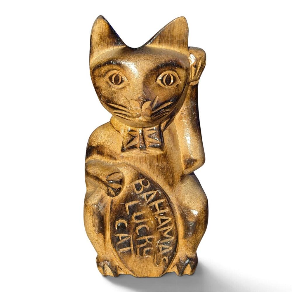 Vintage Bahamas Lucky Cat Hand Carved Wood Folk Art Figurine Raised Paw 6"